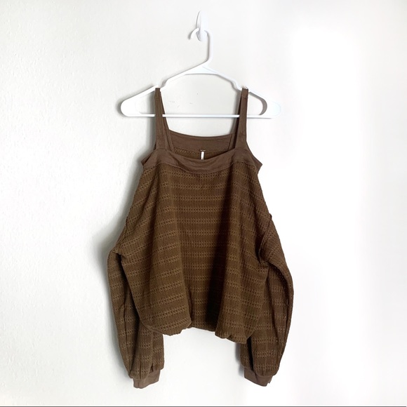 Free People Sistine Cold Shoulder Brown Square Neckline Long Sleeve Sweater Top - Picture 4 of 10